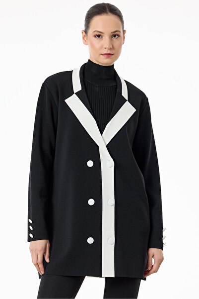 Tığ Triko Yakası Renk Detaylı Rayon Ceket SİYAH-EKRU