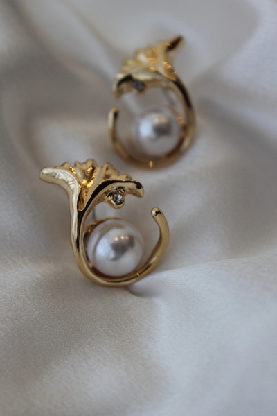 Nenya Vip Steel Pearl Stone Detailed Leaf Model Earrings
