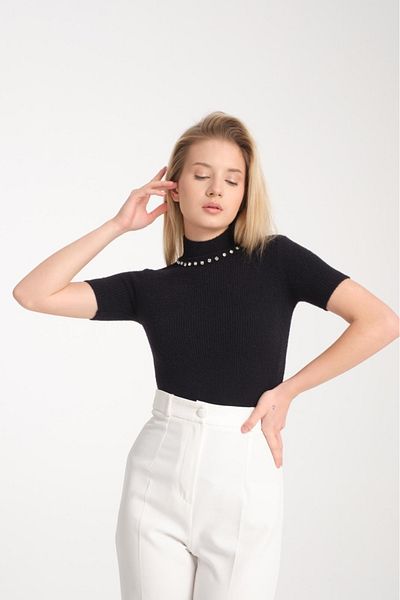 Su Moda Îmbrăcăminte pentru femei Bluză Tricoturi de Anul Nou Pulover Strasuri cu mânecă scurtă Guler vertical Pulover Angora