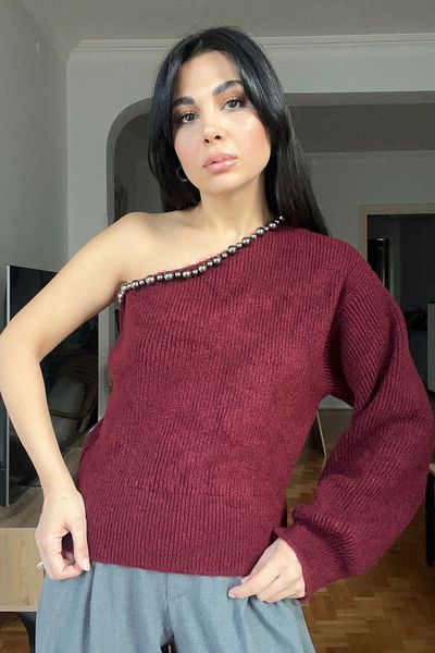 Seda Yalçın Atelier Burgundy One Shoulder Bead Detail Knitwear Sweater