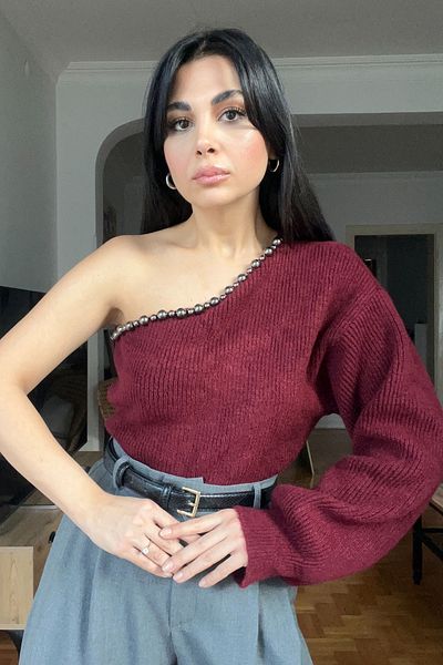 Seda Yalçın Atelier Burgundy One Shoulder Bead Detail Knitwear Sweater