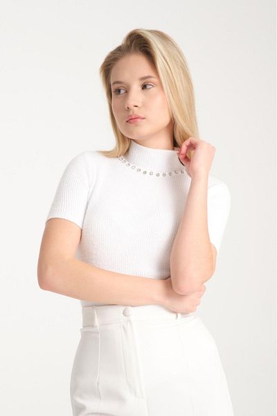 Su Moda Îmbrăcăminte pentru femei Bluză Tricoturi de Anul Nou Pulover Strasuri cu mânecă scurtă Guler vertical Pulover Angora