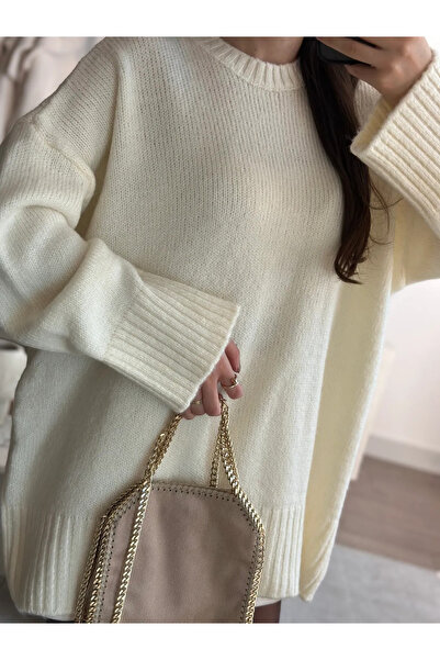 My Blog Ecrufarbener, einfarbiger, dicker Basic-Pullover – 4700