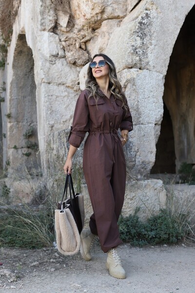 bytugcekaya Salopetă cu talie maro amar cu picior elastic