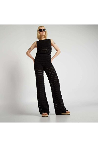 KIABI Openwork knit fabric wide-leg trousers with elasticated waist black