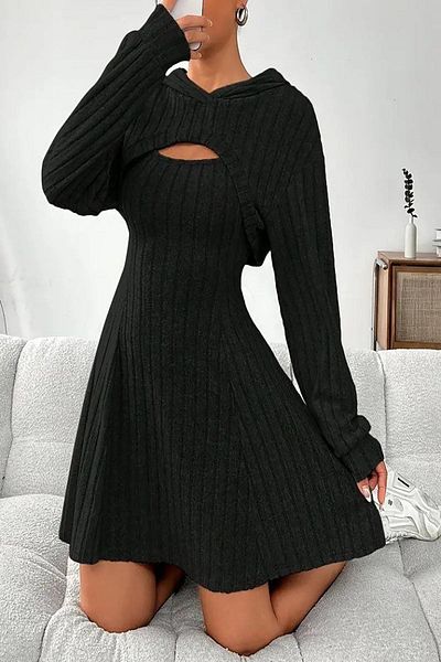 Deafox Jachetă neagră cu glugă cu mânecă lungă și rochie camisole cu decupaj cu decolteu pătrat fără bretele