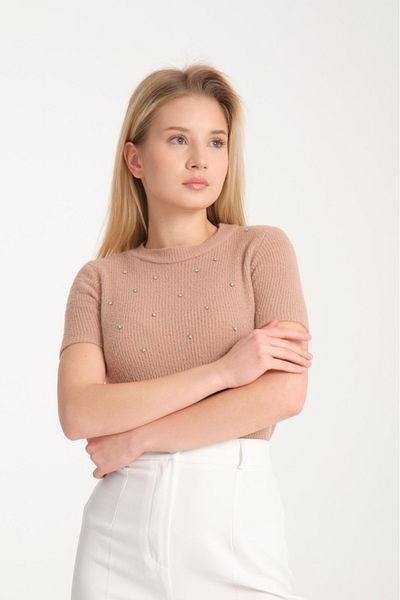 Su Moda Дамски плетен пуловер за Нова година - с кръгло деколте, с детайли от камъни, ликра