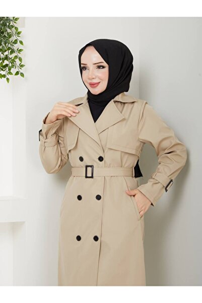 RACE FASHİON Tesettürlü Kruvaze Yakalı Kemerli Su Geçirmez Trençkot RC1103056