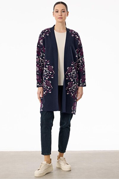 Tığ Triko Çiçek Desenli Hırka LACİVERT