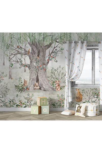 Tasarım Yeşil Orman Anne Ağaç ve Sevimli Hayvanlar Çocuk Odası Duvar Kağıdı