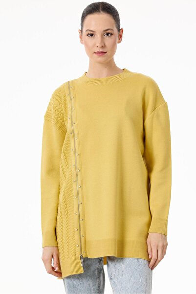Tığ Triko Fermuar Detaylı Triko Tunik SARI