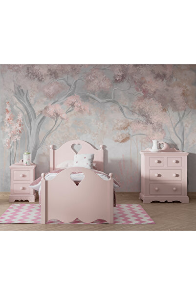 Tasarım Pembe Orman Pembe Yapraklı İki Ağaç Çocuk Odası Duvar Kağıdı