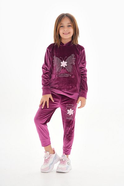 ROBA KIDS Velvet Hooded Girls' Set - Butterfly Embroidery Detail, Rb-751