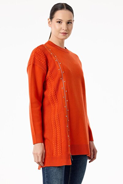 Tığ Triko Fermuar Detaylı Triko Tunik ORANJ