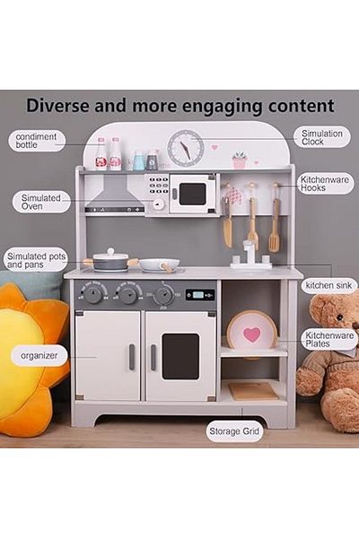 ALBADER Play Kitchen, Real Wooden Kitchen Set for Kids with Microwave, Wooden Play Kitchen