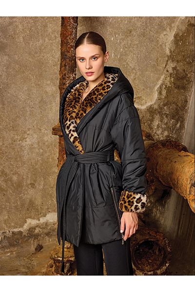 Unıquemode Uw 259003   Unique Collar Leopard Fur Detailed Coat