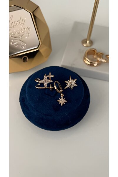 SU PERİSİ TAKI BİJUTERİ Gold Kuzey Yıldızı 3 lü Set Küpe