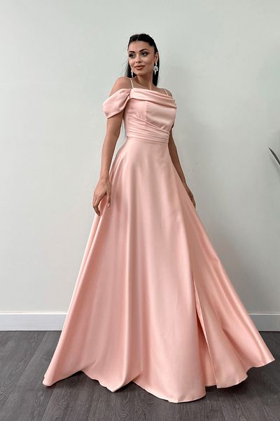 giyimmasalı Satin Fabric Drawstring Evening Dress - Pudra