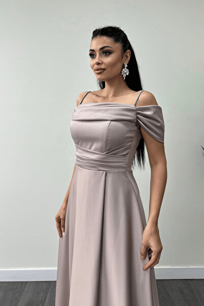 giyimmasalı Saten Kumaş Büzgülü Askılı Abiye Elbise - BEJ