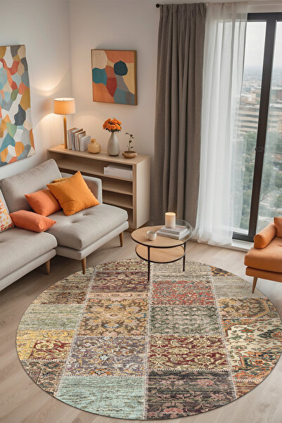 Nadine Patchwork Cotton Based Washable Anti-Slip Antibacterial Chenille Round Lounge Rug