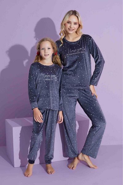 Tarık Mother Daughter Women's French Velvet Long Sleeve Crew Neck Star Pattern Pajamas Set - Mother