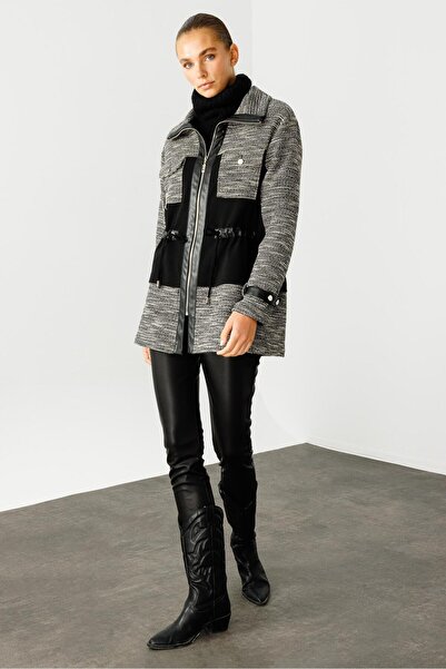 Moda İlgi Modailgi Belden Tünelli Kumaş Garnili Dik Yaka Tunik Siyah