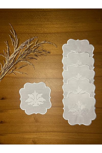 Smiling Home Linen Linen Ecru Color Ottoman Patterned 6 Pieces Cocktail Serving Napkin