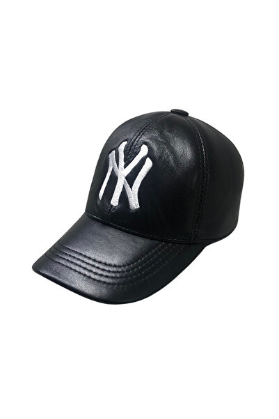 BY SCK Unisex Siyah Hakiki Gerçek Deri NY Nakışlı Şapka Bere - Kışlık Şapka - Yeni Sezon