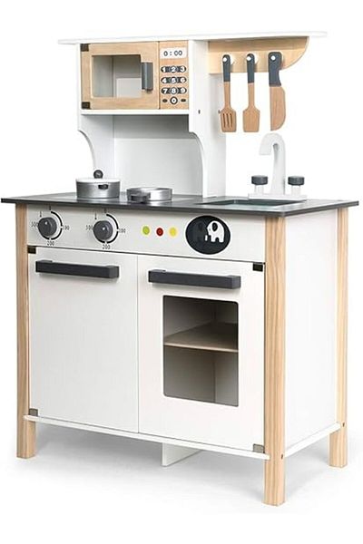 ALBADER Play Kitchen, Real Wooden Kitchen Set for Kids with Microwave, Wooden Play Kitchen