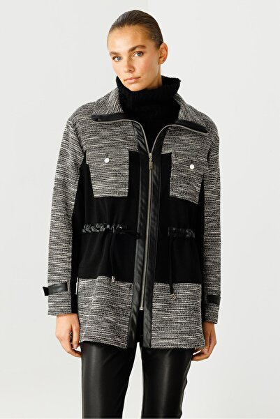 Moda İlgi Modailgi Belden Tünelli Kumaş Garnili Dik Yaka Tunik Siyah