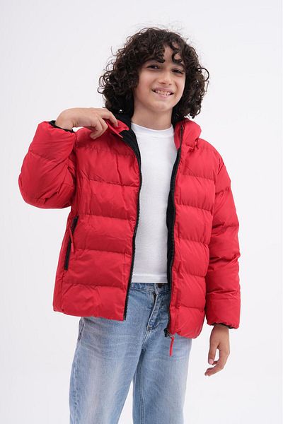 Mina Boy's Red Filled Inner Fleece Hooded Winter Inflatable Children's Coat Coat