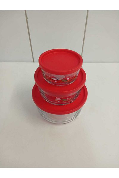 LAV Feyzade Set of 3 Circle Storage Boxes (1490Cc-800Cc-380Cc) Rose Motif with Red Lid