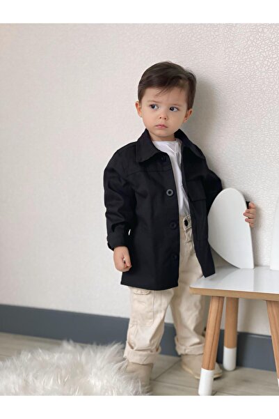 favorimkids Siyah Trenç Çeket Gabardin kumaş %100 pamuk