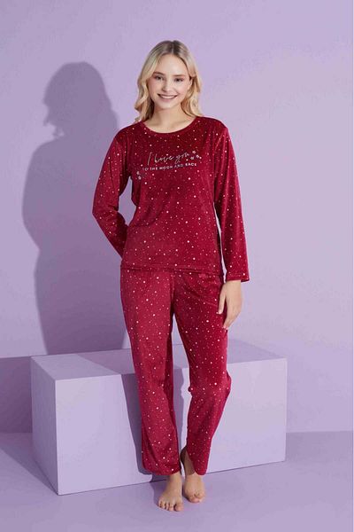 Tarık Mother Daughter Women's French Velvet Long Sleeve Crew Neck Star Pattern Pajamas Set - Mother
