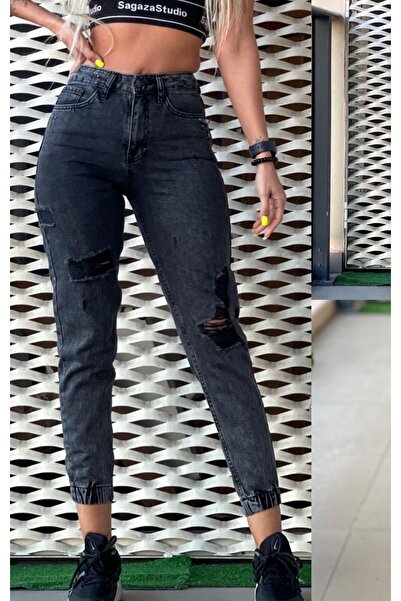 THE BARK Lastikli Paça Lazerli Kadın Mom Jean Pantolon 4008-1 Antrasit