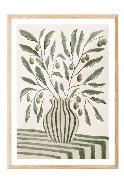 Postifull Ahşap Çerçeveli Tablo, Poster ve Çerçeve Seti, Olive Branches in Vase Comfort Serisi NO:108593