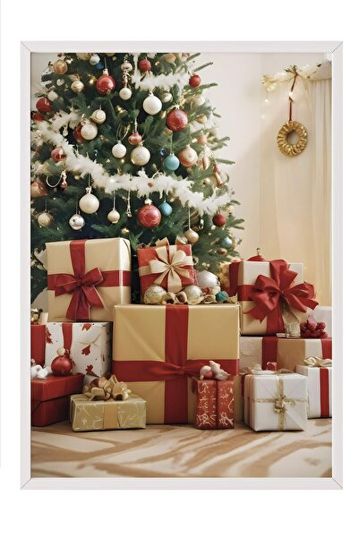 Postifull Tablou cu rama alba, poster de Anul Nou, decor de Anul Nou, cadouri...