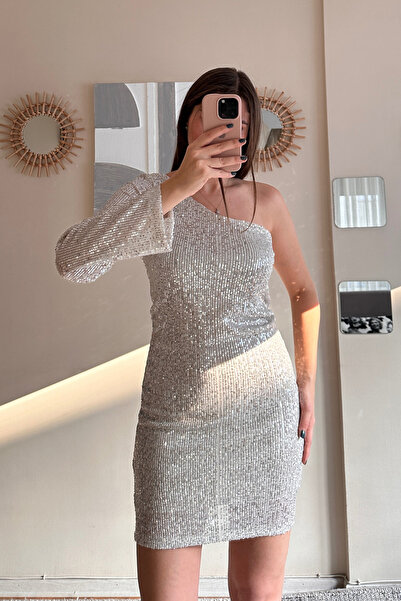 Sorridi Tek Kol Gri Payetli Elbise