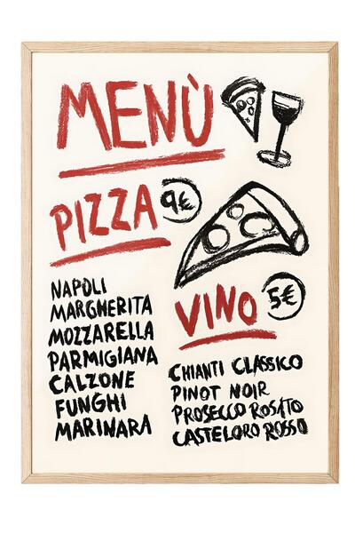 Postifull Ahşap Çerçeveli Tablo, Poster ve Çerçeve Seti, Pizza Vino Menu Comf...