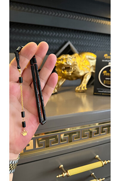 Tesbih-i Hazır Tesbihçilik Bilekboy Simsiyah Kesme Erzurum Oltu Kral Taçlı Tesbih 14 Ayar Has Altın Püsküllü