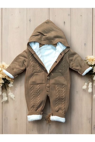 KİDOO BEBE Unisex Baby Knitwear Knitted Inner Full Fleece Hooded Romper