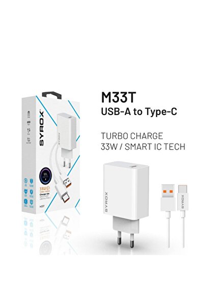 Syrox M33T Single Usb-A Port Turbo Charge Adapter & Type-C Cable - 33W Şarj Aleti Adaptör+Kablo 33W Şarj