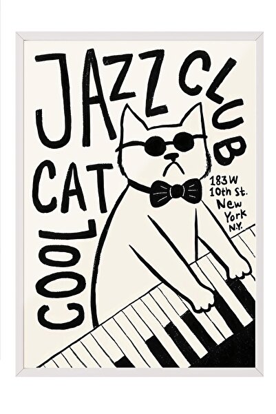 Postifull Beyaz Çerçeveli Tablo,  Duvar Tablosu, Cool Cat Jazz Club Comfort S...