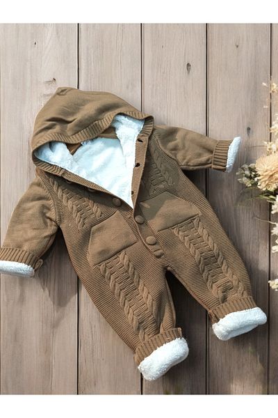 KİDOO BEBE Unisex Baby Knitwear Knitted Inner Full Fleece Hooded Romper