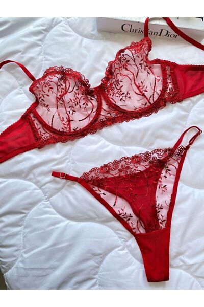 ARONA Kırmızı Büyük Beden İç Çamaşırı Takımı Bralet ve Tanga
