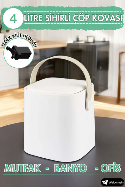 Olomo 4 Litre Sihirli Çöp Kovası Tutma Saplı İç Kovalı Tezgah Üstü Mutfak Banyo Ofis Çöp Kovası