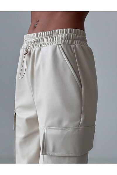 Quzu Stone Colored Cargo Leather Trousers with Pocket Detail