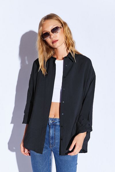 Manche Black Modal Soft Textured Soft Hidden Pat Detailed Oversize Women's Shirt |   Mks 168262 -01
