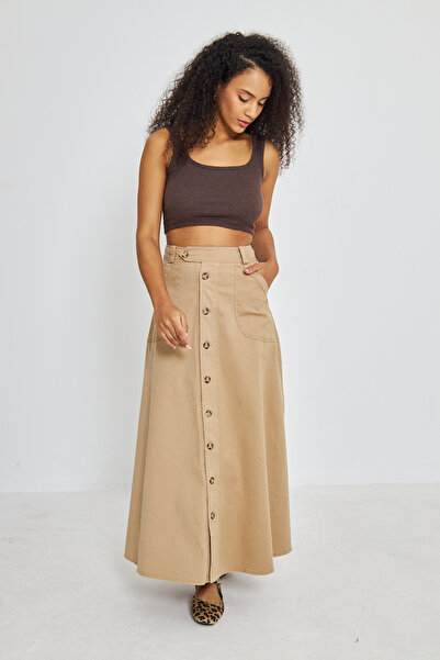 Atölye Güven Camel 100% Cotton Special Design Button Front Pocket Long Bell Skirt