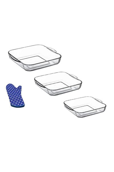Paşabahçe Square Pyrex Oven Tray 3 Piece Pyrex Set with Gloves